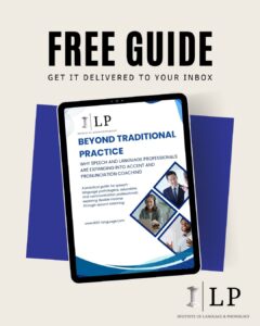 Mockup of free ebook guide for speech-language pathologists, educators, and ESL professionals about building income through accent coaching services.